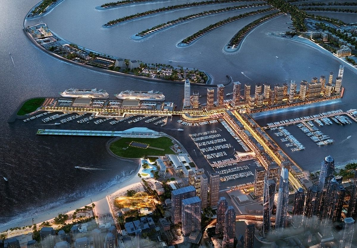 Вид с высоты на круизный терминал Дубая - Dubai Harbour.